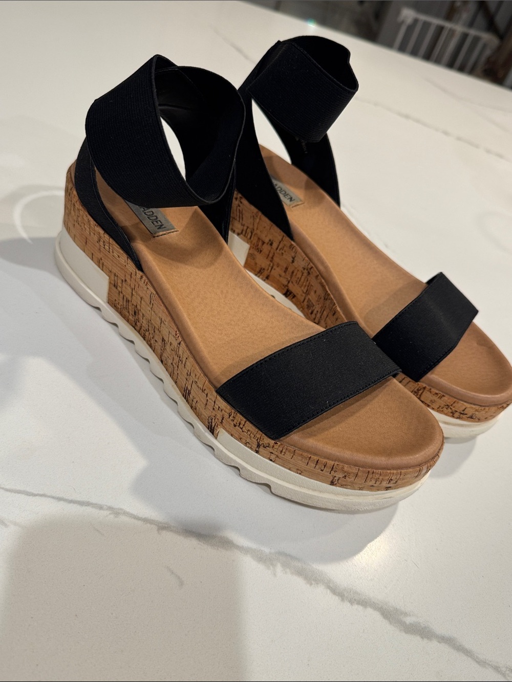 Steve Madden - Black Cork Platform Sandals with Ankle Wrap - Women